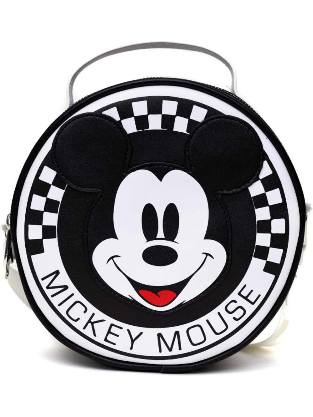 Round Crossbody Bag with Mickey Mouse Applique, Checker Print, Vegan Leather